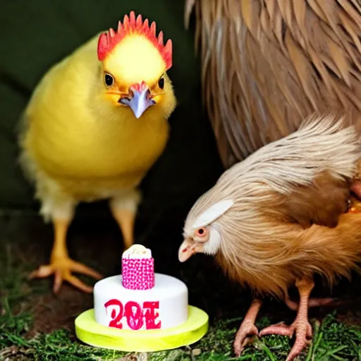 Prompt: a light yellowish downed baby chick is standing beside a rooster and a tiny birthday cake