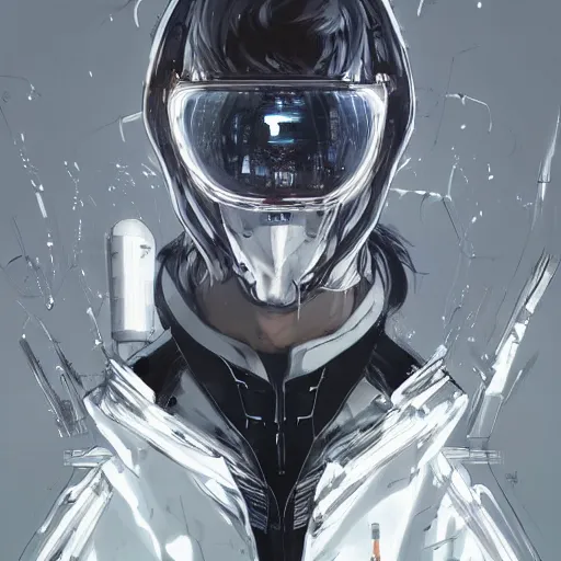 Image similar to full body portrait of a character in futuristic sleek clothes, in a flowing white tailcoat, wearing a white insectoid mask with many lenses for eyes, many eyes, dramatic lighting, illustration by Greg rutkowski, yoji shinkawa, 4k, digital art, concept art, trending on artstation