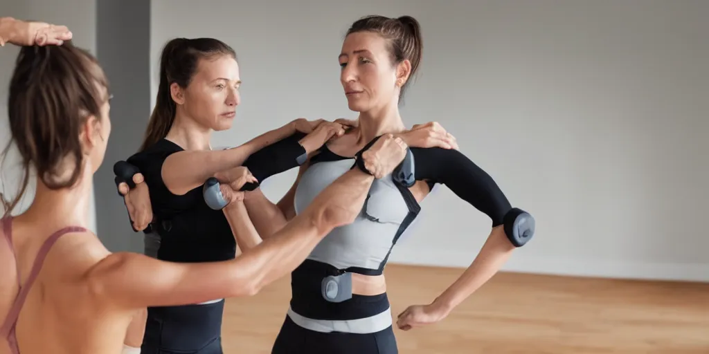 Prompt: a woman exercising her shoulders with her kinesiologist