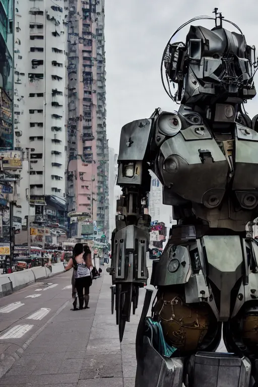 Image similar to portrait cinematography of beautiful young female, clothed in sci-fi military armor, long hair blowing in the wind. Giant mechs in the streets of Hong Kong. by Anita Sadowska