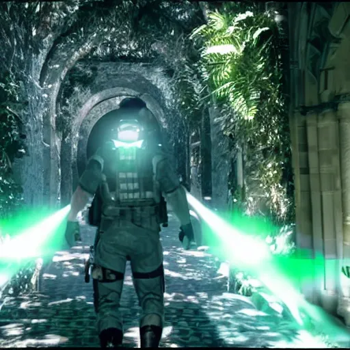 Image similar to splinter cell sam fisher infiltrating Mar a Lago 4k subscatter video game lens flare