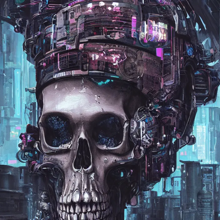 Image similar to a beautiful painting of a cyberpunk skull by pascal blanche and julian calle and nekro. in style of colorful comic noir illustration, symmetry, sci fi, hyper detailed. octane render. trending on artstation