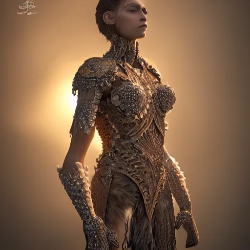 Image similar to a regal brown woman wearing an intricate and detailed armor made of ice. ice caves. glaciers. dramatic shadows. reflections. morning dew. textures. delicate. translucent. studio portrait. photorealistic. octane render