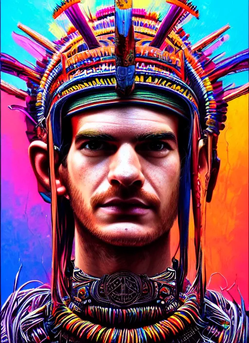 Image similar to portrait of andrew garfield, hyper detailed ultra sharp aztec shaman warrior. trending on artstation, warpaint aesthetic, bloodwave, colorful, psychedelic, ornate, intricate, digital painting, concept art, smooth, sharp focus, illustration, art by artgerm and greg rutkowski and h. r. giger, 8 k