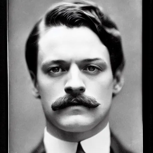 Image similar to headshot edwardian photograph of james mcavoy, sebastian stan, henry cavill, small moustache, 1 9 2 0 s film actor, suave, charming, realistic face, 1 9 1 0 s photography, 1 9 0 0 s, grainy, victorian, soft blur