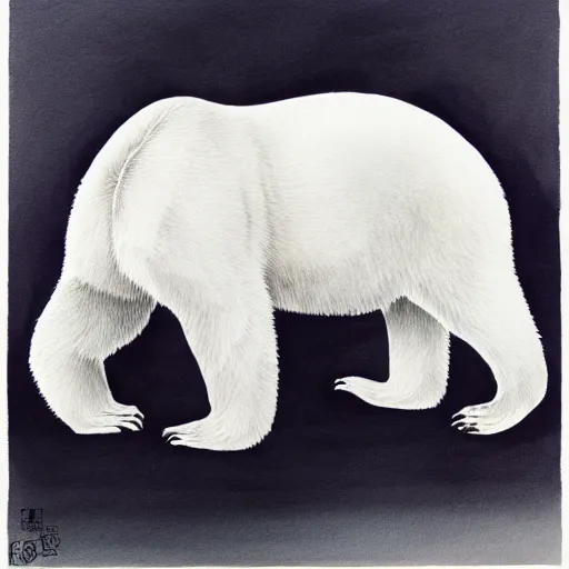 Image similar to a ink painting of a white polar bear by wu daozi, qiu ying,