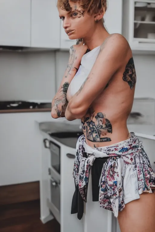 Prompt: a woman posing for the camera in a kitchen, a tattoo by louisa puller, trending on cg society, superflat, 3 2 k uhd, hd, 4 k