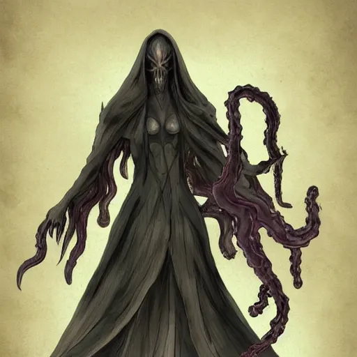 Prompt: concept designs for an ethereal wraith like figure with a squid like parasite latched onto its head and long tentacle arms that flow lazily but gracefully at its sides like a cloak while it floats around a forgotten kingdom in the snow searching for lost souls and that hides amongst the shadows in the trees, this character has hydrokinesis and electrokinesis for the resident evil game franchise with inspiration from the franchise Bloodborne and the mind flayer from stranger things on netflix