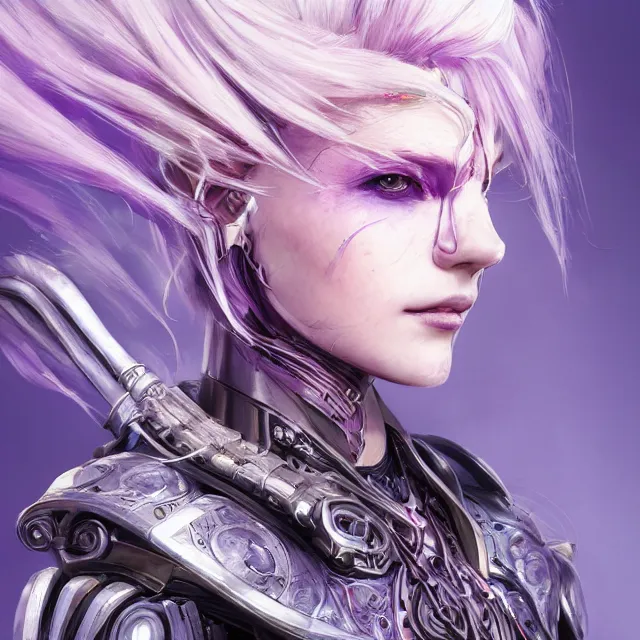 Prompt: close facial portrait of a pale woman in futuristic bionic armor with flowing purple hair, elegant, stoic, intense, ultrafine hyperdetailed illustration by kim jung gi, irakli nadar, intricate linework, sharp focus, bright colors, octopath traveler, final fantasy, hearthstone, highly rendered, global illumination, radiant light, detailed, intricate environment