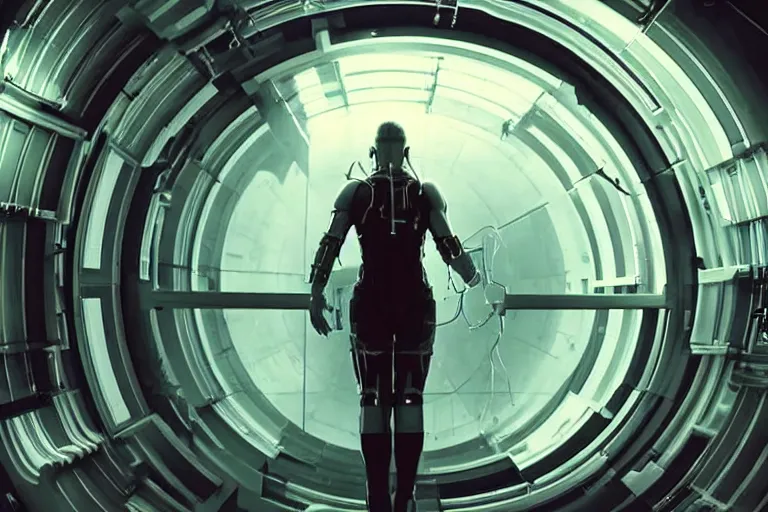 Image similar to a cinematic portrait of a cyber tech mutant inside of a mothership looking out of a large doorway, beautiful lighting, high depth, ultra realistic, artistic, by annie leibovitz and zack snyder