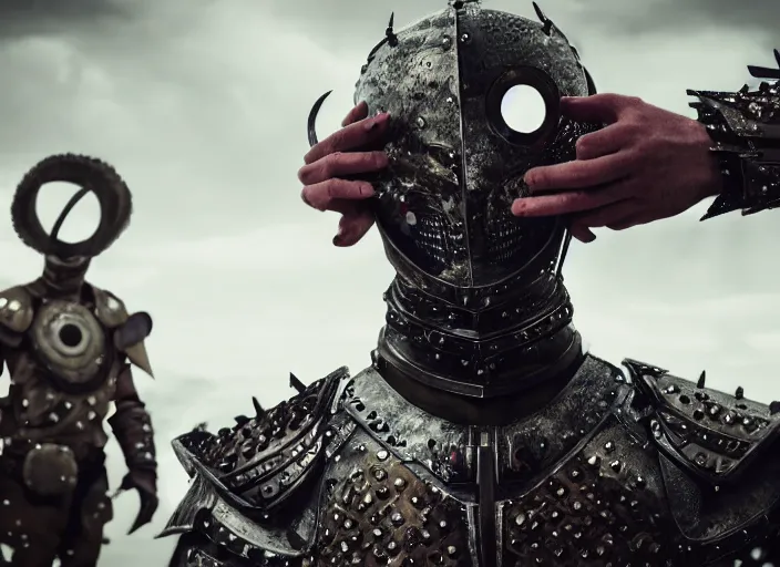 Image similar to A man wearing an armor made entirely out of eyes dueling a man in pyjamas, Very detailed 8k. Fantasy horror. Sharp. Cinematic post-processing