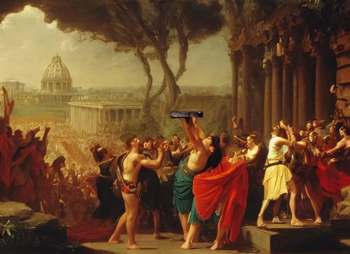Prompt: julius caesar taking a selfie with an iphone as rome burns behind him by thomas cole and albert bierstadt and vladimir volegov and alexander averin and pierre auguste cot and delphin enjolras