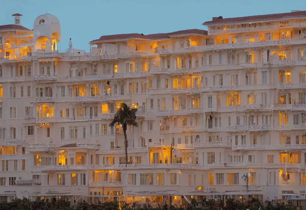 Image similar to accidentally wes anderson award - winning photograph of a beautiful hotel in a beach town, art by greg rutkowsky, trending on artstation, cinematic lighting, filmic grain, golden hour, detailed, 4 k