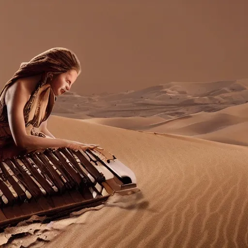 Image similar to UHD candid photo of The Mummy playing piano, with accurate wrappings, UHD, photorealistic, correct sand dune, real piano, photo by Annie Leibowitz