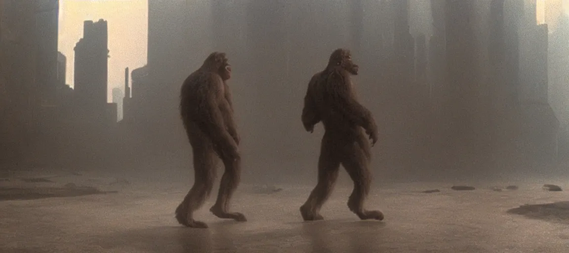 Image similar to an award winning photo of bigfoot in a still from the movie blade runner ( 1 9 8 2 ), 4 k, high quality