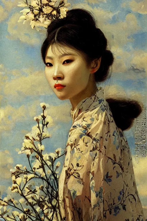 Image similar to close - up fashion asian woman portrait airy flowers sacura cloudy sky art by vasnetsov