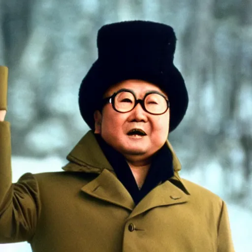 Prompt: filmstill of Kim Jong-il wearing a chapka in the role of Doctor Zhivago by David Lean, 1965, cinemascope, 35mm film, epic romance