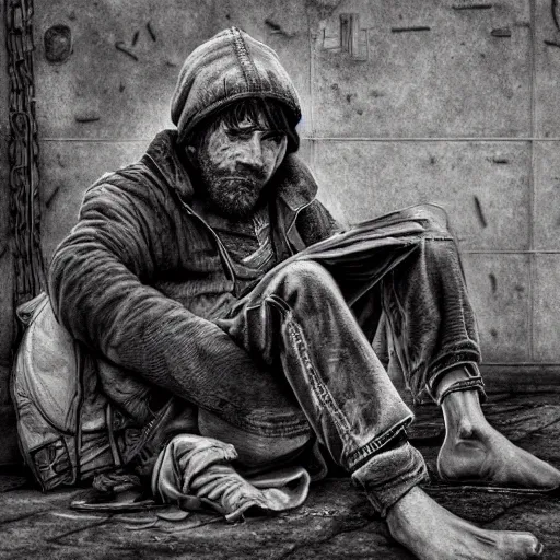 Image similar to photorealistic detailed picture, extreme, uhdr, life as homeless, a best seller 2 0 5 0 book, from poor to still poor., fine details, highly detailed, intricate, fine proportionate, smooth sharp focus