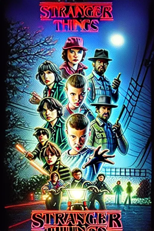 Image similar to Stranger Things poster by Matt Groening, high resolution, hyper detailed, intricate, illustrated, all cast members !n-9