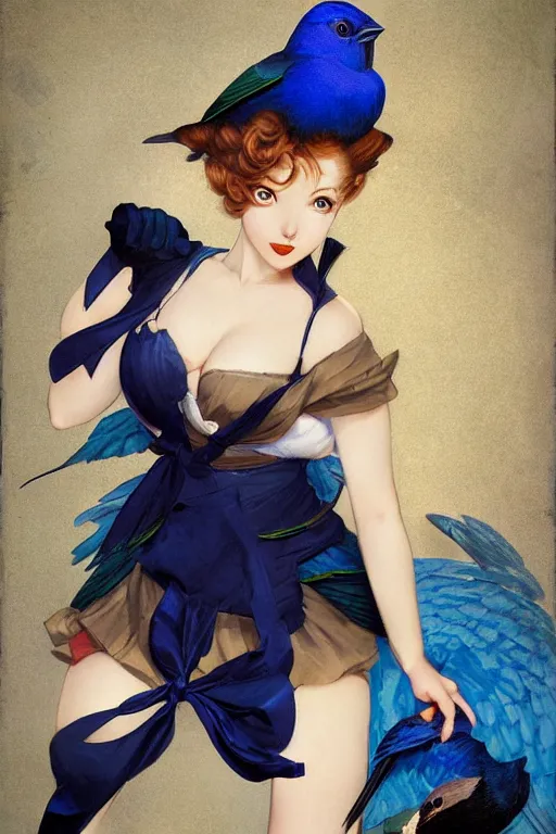 Image similar to anime pinup girl holding an indigo bunting, bird, the bird is wearing a bowtie, by greg rutkowski, rossdraws, gil elvgren, enoch bolles, anime, porcelain skin, very coherent