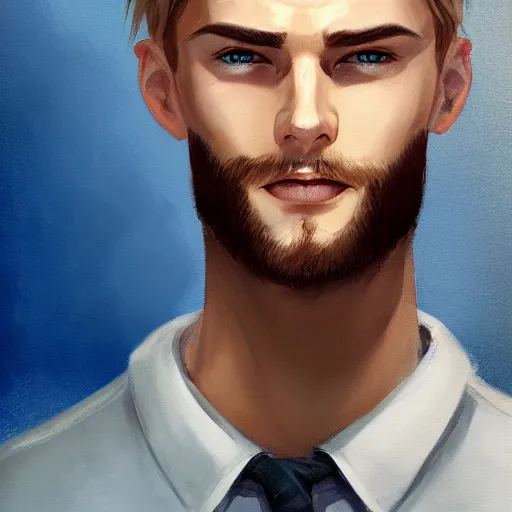 Image similar to tall chunky man in his twenties with brown blond short regular haircut and round facial structure with cleft chin, straight eyebrows, big blue eyes, smiling, cheekbones, straight nose, wider face, shadow of beard, atmospheric lighting, painted, intricate, 4 k, highly detailed by charlie bowater