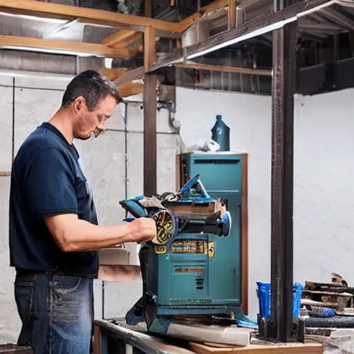 Prompt: a man assembling a metal machine in a garage