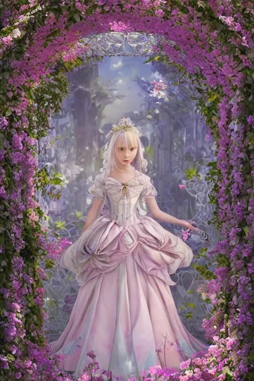 Prompt: a beautiful hyperdetailed portrait render of dove cameron as a princess wearing rose flower wedding gothic lolita dress clothing stay in blooming flower house alone, finely detailed perfect face, dazzling light beam penetrated through the window, perfectly shaded, atmospheric lighting, style of studio ghibli, makoto shinkai, raphael lacoste, louis comfort tiffany, artgerm, james jean, ross tran