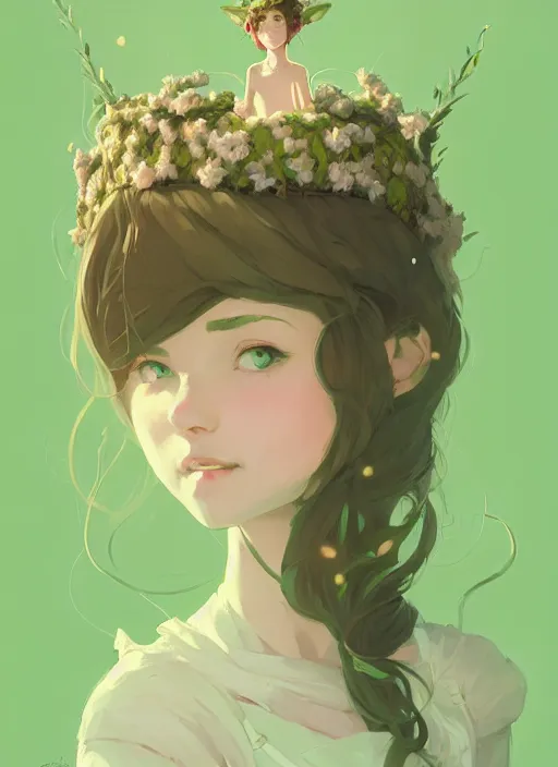 Prompt: portrait of cute fairy girl with crown of flowers fantasy, by atey ghailan, by greg rutkowski, by greg tocchini, by james gilleard, by joe gb fenton, by kaethe butcher, dynamic lighting, gradient light green, brown, blonde cream and white color in scheme, grunge aesthetic