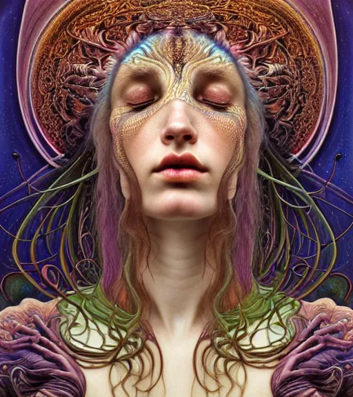 Image similar to detailed realistic beautiful young groovypunk queen of andromeda galaxy in full regal attire. face portrait. art nouveau, symbolist, visionary, baroque, giant fractal details. horizontal symmetry by zdzisław beksinski, iris van herpen, raymond swanland and alphonse mucha. highly detailed, hyper - real, beautiful