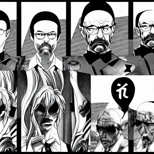 Prompt: manga panel of walter white in the style of kentaro miura, 8 k, 4 k, masterpiece, trending on artstation