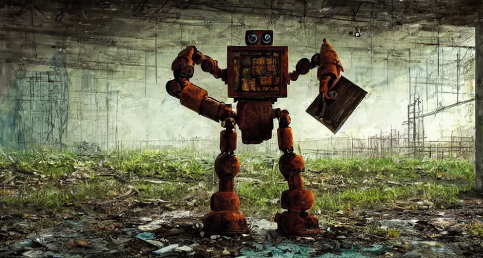 Prompt: portrait of a highly detailed rusted robot, holding an easel and a paintbrush, in an abandoned brutalist warehouse, painting a beautiful green utopian landscape painting on canvas, volumetric lighting, alone, isolated, sever farm, dystopian