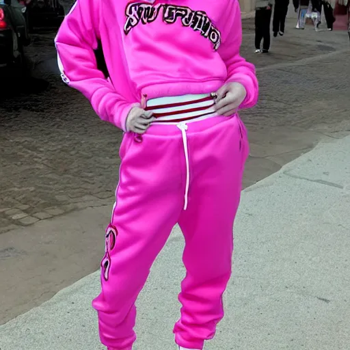 Prompt: photo of jeffree star in the 2 0 0 0 s with pink red hair smoking in a pink juicy tracksuit