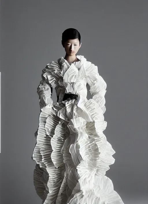 Prompt: a portrait of a japanese model detailed features wearing a wedding dress - chic'techno fashion trend lots of zippers, pockets, synthetic materials, jumpsuits. - by issey miyake by ichiro tanida and mitsuo katsui