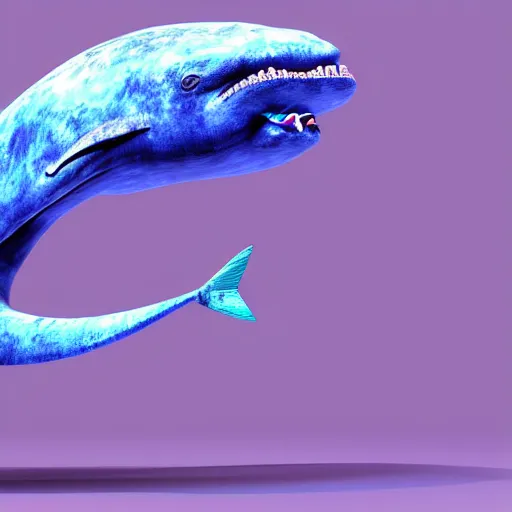 Prompt: a 3d render of a blue whale in a fish bowl, purple background