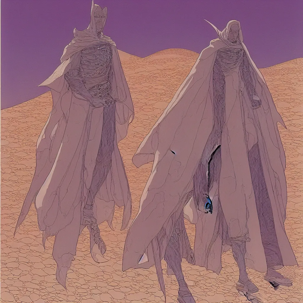 Prompt: a beautiful lcentered illustration by jean giraud and moebius of a man with a fine cloak white, desert, intrincate, super detailed, futurism scheme