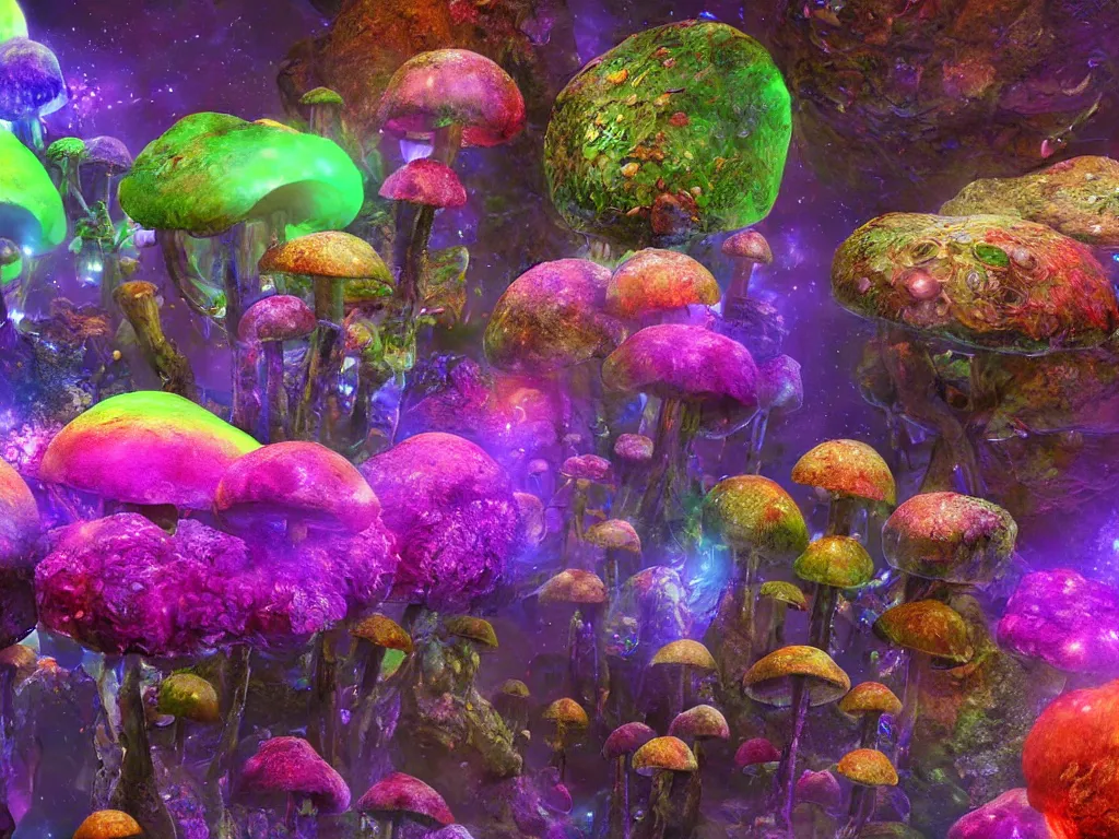 Image similar to vivid colored mushrooms overgrown on an asteroid in deep space, cryengine, deep color, hyperrealistic, ultradetailed, atmospheric crystal dust
