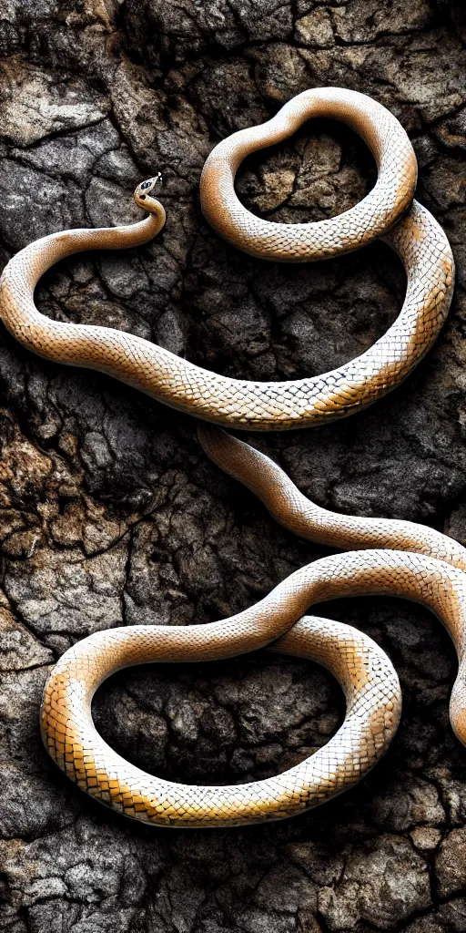Prompt: real picture of a living ouroboro, infinity snake, eating it's own tail, on a dark rock background