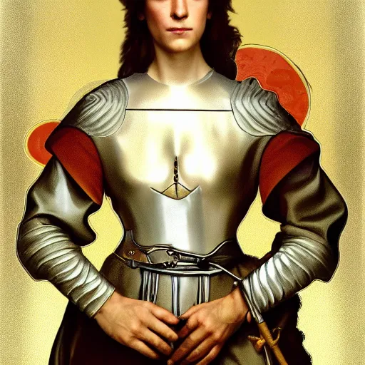 Image similar to portrait of charlotte gainsbourg as joan of arc, hyperreal digital painting, iconography influenced by alphonse mucha and eugene delacroix, arstation and deviantart trends, high resolution 8 k