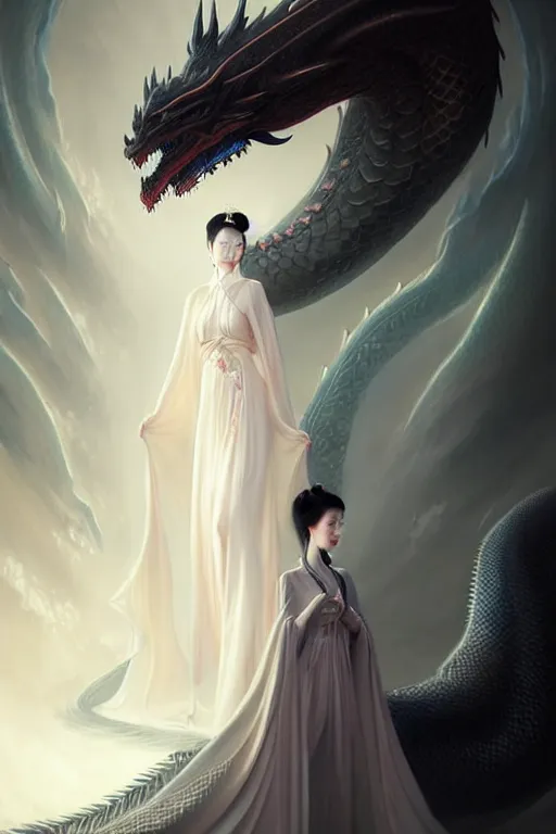 Image similar to chinese princess in a long silk dress, pale, beautiful symmetric face, kissing a black giant dragon, fantasy art, highly detailed art, cinematic atmosphere, volumetric lighting, glow, trending on artstation, by wlop, by le vuong, by tom bagshaw