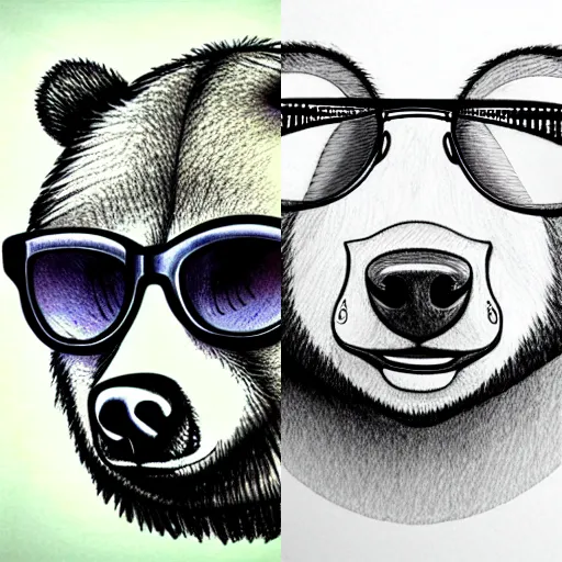 Prompt: portrait cute bear in sunglasses, realistic, ink, line drawing, sketch, fineart