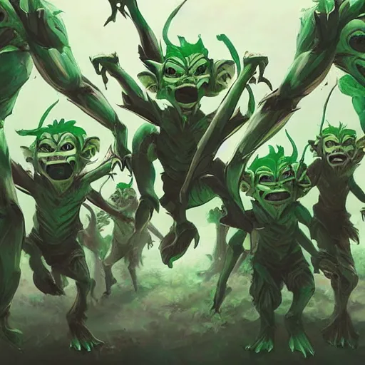 Image similar to a pack of green goblins doing the dance of pain, a fantasy art, hd, trending on artstation, by rhands, makoto shinkai, ilya kuvshinov