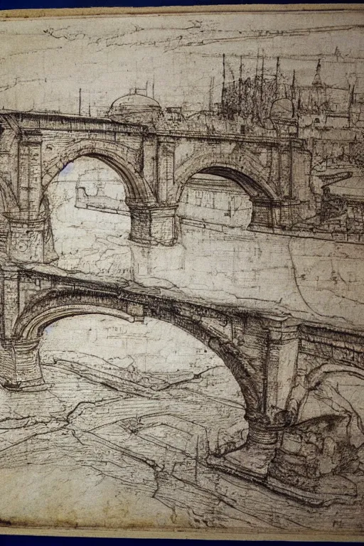 Image similar to trajan's bridge, also called bridge of apollodorus over the danube, sketch made by leonardo davinci, super detailed sketch, amazing details, ancient parchment,