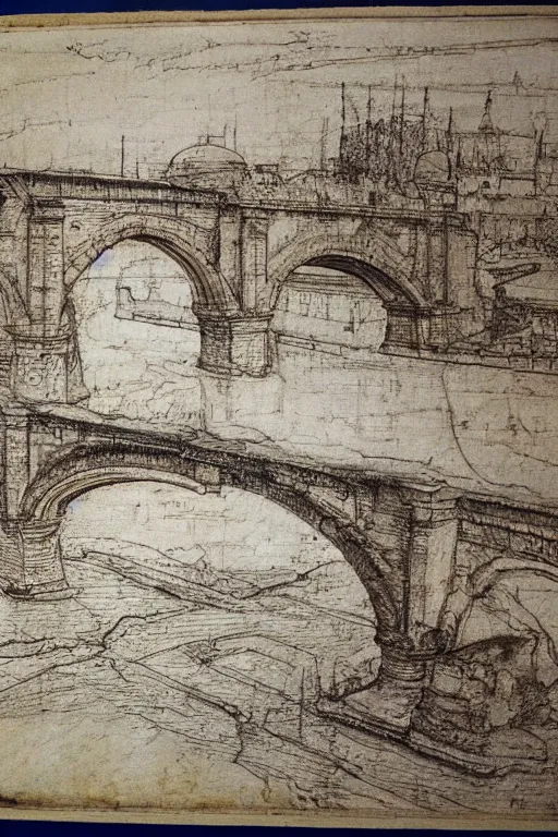 Prompt: trajan's bridge, also called bridge of apollodorus over the danube, sketch made by leonardo davinci, super detailed sketch, amazing details, ancient parchment,