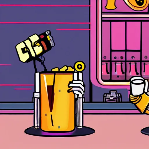 Prompt: a retro robot at the bar orders a drink from a (TY fluffy puppy) bartender.