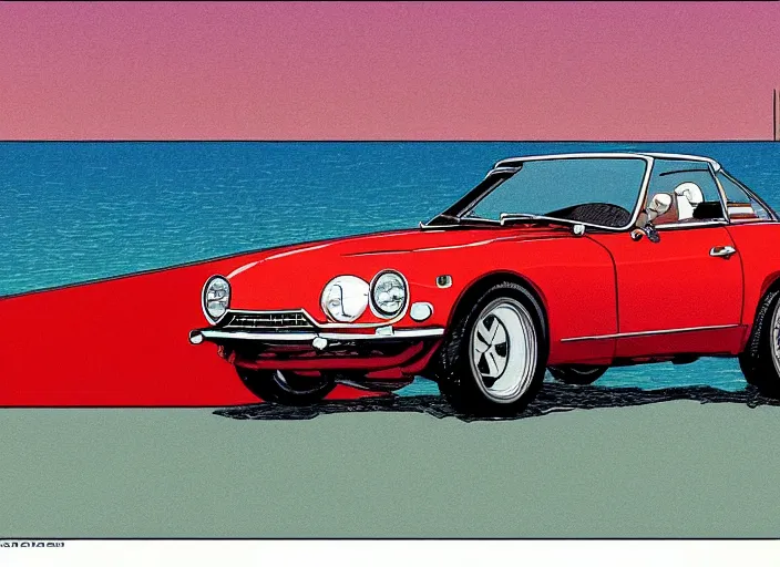 Image similar to highly detailed 1 9 6 9 red datsun fairlady roadster, retro minimalist art by jean giraud, moebius starwatcher comic, sharp, 8 k