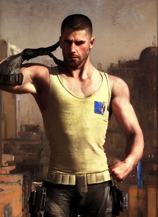 Prompt: big mike. cyberpunk gymnast wearing a military vest and combat gear. (Cyberpunk 2077, bladerunner 2049). Round face. Iranian orientalist portrait by john william waterhouse and Edwin Longsden Long and Theodore Ralli and Nasreddine Dinet, oil on canvas. Cinematic, hyper realism, realistic proportions, dramatic lighting, high detail 4k