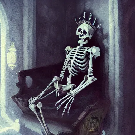 Prompt: Skeleton King, noble, resting on his throne, oil painting, by Fernanda Suarez and Greg Rutkowski