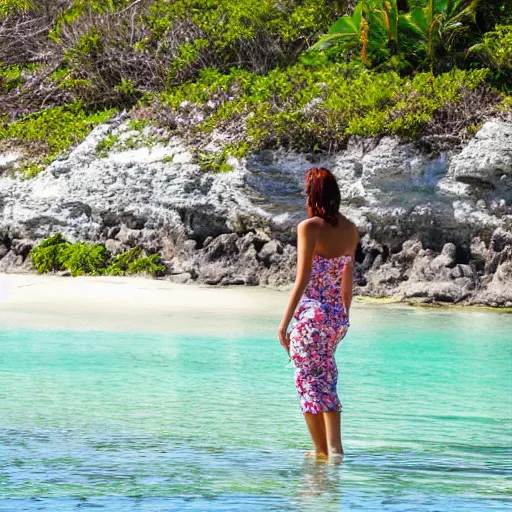 Prompt: a beautiful woman stands in the water at jobsons cove in bermuda, sunny day, highly detailed, calm water, intricate, award winning,