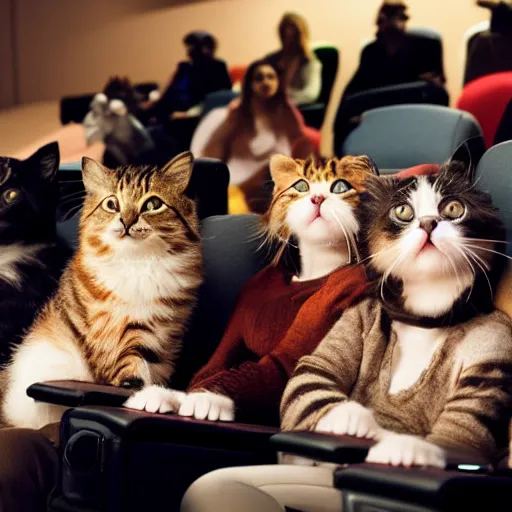 Prompt: a bunch of cats sitting in a theater watching a movie