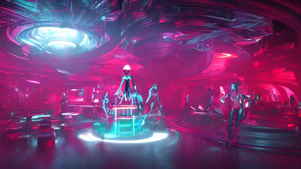 Prompt: sci-fi night club, with exotic female alien dancers standing on platforms, neon lights, fog, smoke and atmosphere, red tones, platforms, circular mechanical structures, faceted shapes, contemporary aesthetic, like concept art on artstation, hyperdetailed, vray render, octane render,